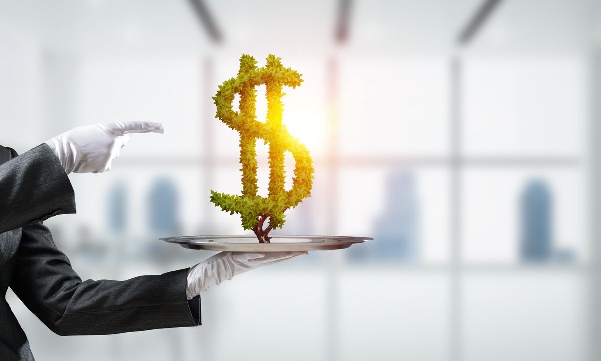 Cropped image of waitress's hand in white glove presenting green plant in form of dollar sign on metal tray and pointing on it with office view on background.